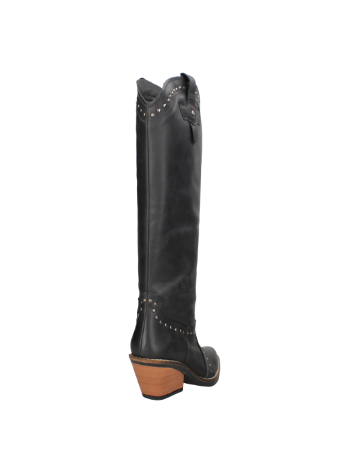 Bota vaquera de cuero negro para mujer, con corte alto y tachas metálicas, ideal para un estilo sofisticado y versátil.