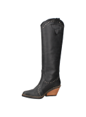 Calzado de cuero negro femenino, estilo vaquero, con puntera puntiaguda y taco medio cuña, perfecto para ocasiones formales.