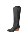 Calzado de cuero negro femenino, estilo vaquero, con puntera puntiaguda y taco medio cuña, perfecto para ocasiones formales.