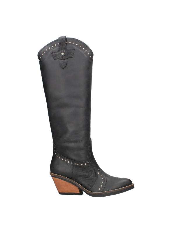 Bota vaquera de cuero negro para mujer, con corte alto y tachas metálicas, ideal para un estilo sofisticado y versátil.