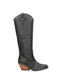 Bota vaquera de cuero negro para mujer, con corte alto y tachas metálicas, ideal para un estilo sofisticado y versátil.