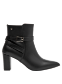 Botín casual negro de cuero para mujer con tacón ancho medio, hebilla decorativa lateral y cierre de cremallera oculto.