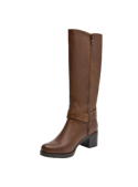 Bota de cuero café para mujer, con diseño clásico y correas decorativas, ideal para reuniones informales o el trabajo.