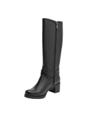 Bota de cuero negro con diseño atemporal, adecuada para salidas casuales o eventos al aire libre durante el día.