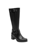 Bota negra de cuero para mujer con diseño clásico de caña alta y tacón cuadrado, ideal para un estilo casual y versátil.