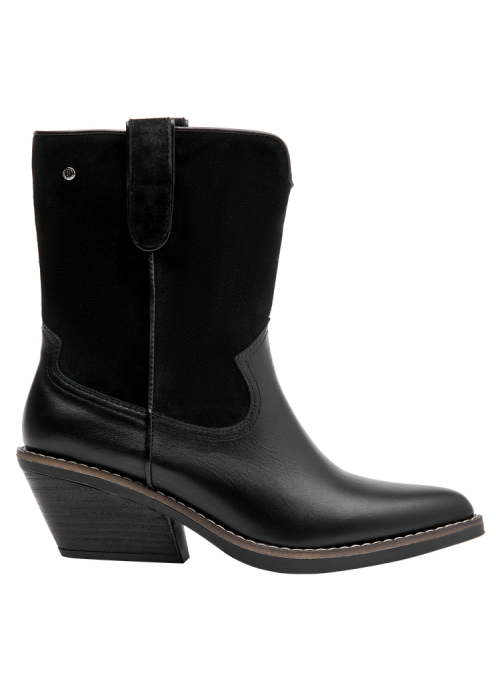 Bota negra de cuero para mujer, estilo casual con diseño clásico y silueta alargada que llega sobre el tobillo.