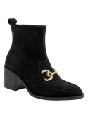 Botín negro de cuero para mujer, elegante, con costuras visibles y hebilla metálica. Ideal para estilo casual.
