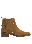 Botín camel de cuero con diseño Chelsea, taco ancho y bajo, elástico lateral, perfecto para un estilo elegante y cómodo.