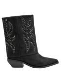 Elegante bota de cuero negro con caña alta recta, patrones abstractos y punta aguda, perfecta para un look contemporáneo.