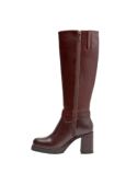 Bota de cuero café para mujer, taco cuadrado estable y plataforma elevada. Sin adornos.