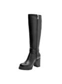 Elegante bota negra de cuero con detalles sobrios, perfecta para un look pulido y formal, adaptable a diversas superficies.