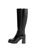 Bota de mujer en cuero negro, diseño sofisticado con estabilidad y comodidad gracias al taco alto y plataforma.