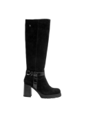 Bota casual de cuero negro para mujer con cierre decorativo lateral, detalle visual atractivo y textura de gamuza.