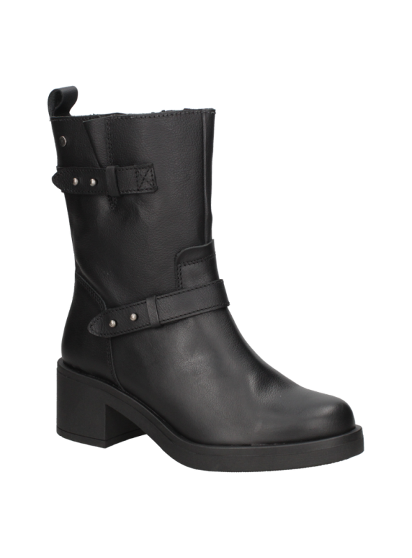 Bota de cuero gris para mujer, cierre pull-on con trabilla trasera, proporcionando fácil calce y ajuste.
