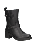 Bota de cuero negro para mujer, estilo casual, caña media con cierre pull-on y trabilla trasera para fácil calce.