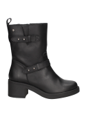 Bota de cuero negro para mujer, casual y robusta, con taco cuadrado y ajuste con hebillas dobles en el empeine.