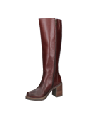 Bota de cuero café para mujer, diseño elegante y refinado, corte alto hasta la rodilla con acabado pulido.