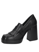 Zapato mocasín negro de cuero para mujer con flecos, diseño clásico y sofisticado, ideal para un estilo casual elegante.