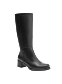Calzado de cuero negro para mujer, bota casual con puntera redondeada que ofrece comodidad y espacio para los dedos.