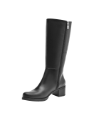 Bota de cuero negro para mujer, taco cuadrado, costuras visibles en la parte superior que añaden un toque sofisticado.