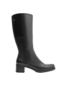 Bota negra de cuero para mujer, estilo casual, con diseño clásico y elegante, de caña alta que cubre la pantorrilla.
