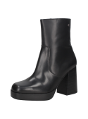 Botín de cuero negro para mujer, perfecto para atuendos formales con pantalones de vestir y blazers, moderno y refinado.