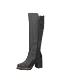 Bota multifuncional de cuero negro para mujer, combina moda y funcionalidad con detalles decorativos y protección completa.