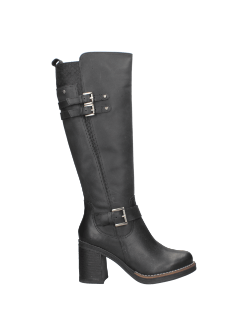 Bota negra de cuero para mujer, casual y elegante, ideal para invierno y ocasiones formales.