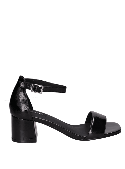 Sandalia de fiesta en cuero negro, estilo moderno y clásico, perfecta para ocasiones especiales.