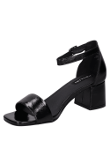Sandalia negra de cuero brillante con diseño minimalista y correa ajustable para mujer, ideal para fiestas.