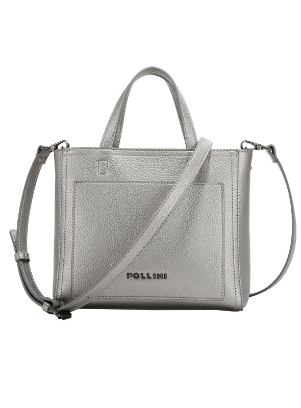 Bandolera femenina gris metálico, estilo contemporáneo con detalles modernos y sofisticados.