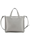 Bolso de mano gris con textura rica y bolsillo funcional, versátil para distintas ocasiones.