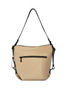 Mochila de mujer en nylon beige, con bolsillos seguros para uso diario.