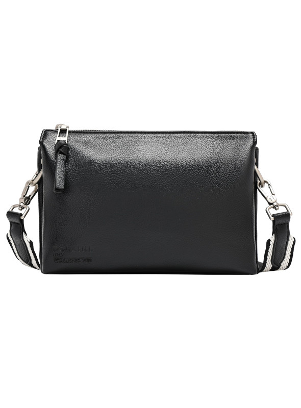 Bandolera negra de PU, correa ajustable, herrajes metálicos chic, perfecta para looks casuales y formales.