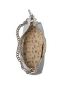 Bolso tote gris de PU con textura de cuero y acabado metálico plateado, estilo casual para mujer.