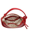 Bolso rojo vibrante de mujer con bolsillos organizadores y diseño minimalista.