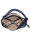 Bolso azul oscuro con textura sofisticada, correa ajustable y cierre superior seguro.