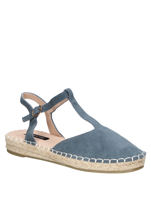 Alpargata azul grisáceo con detalle de hebilla y suela rústica de yute para mujer.