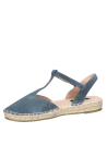 Alpargata de cuero gamuzado azul grisáceo con suela de yute y hebilla ajustable para mujer.