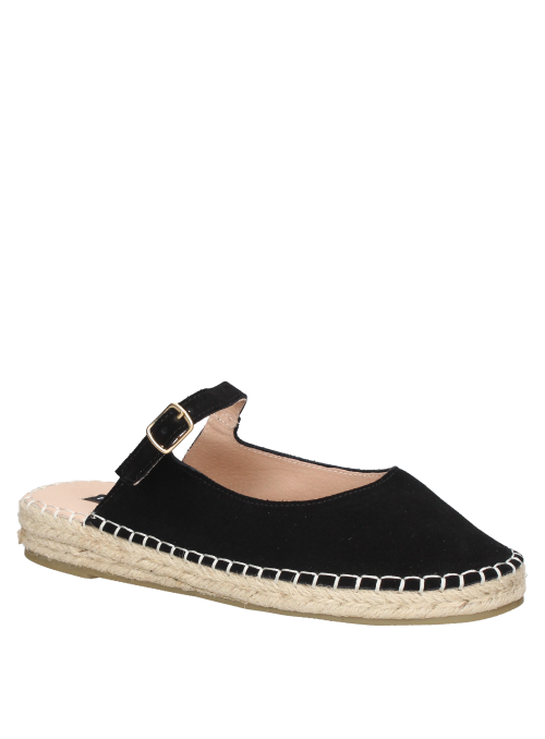 Alpargata de cuero negro con hebilla dorada, perfecta para un estilo casual chic y comodidad.