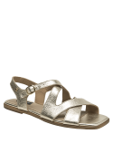 Elegante sandalia dorada de cuero para mujer, combina lujo y comodidad en un diseño chic.