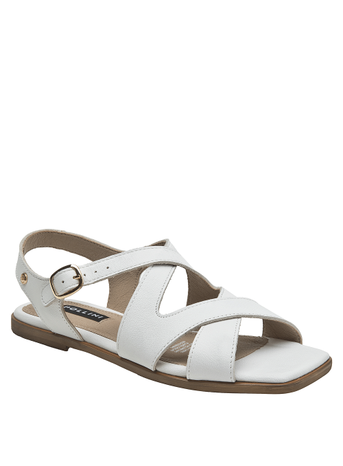 Elegante sandalia de cuero blanco con hebilla dorada, ideal para diversas ocasiones.