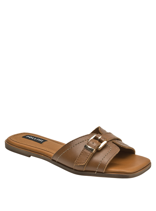 Calzado de cuero café para mujer, diseño minimalista con tira ancha y hebilla dorada, versátil y chic.