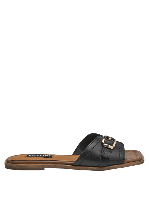 Sandalia de mujer en cuero negro, estilo minimalista, perfecta para eventos casuales.