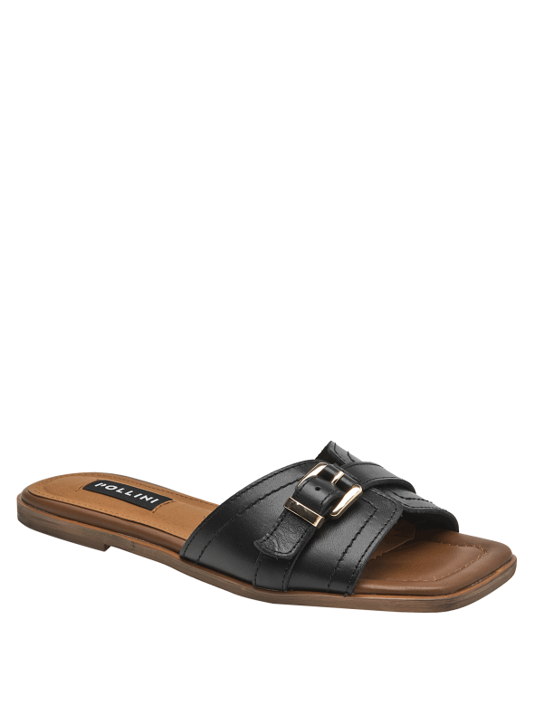 Sandalia de mujer en cuero negro, estilo minimalista, perfecta para eventos casuales.