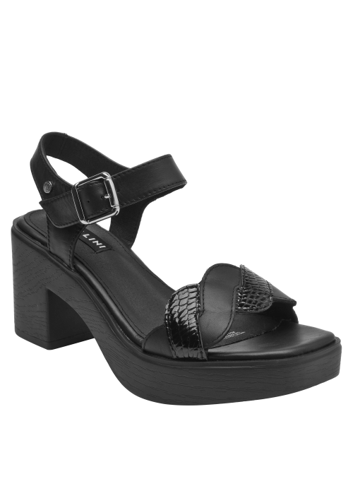 Sandalia de cuero negro con diseño moderno y textura reptil, versátil para ocasiones formales e informales.