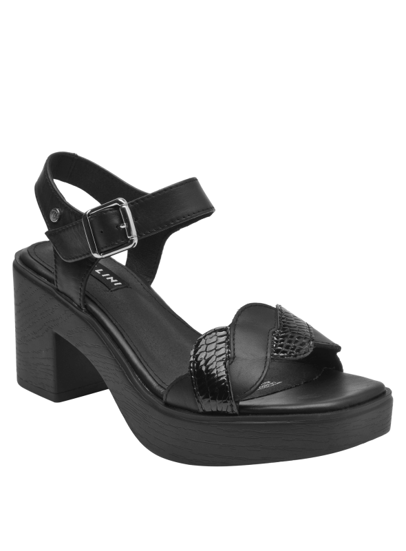 Sandalia de cuero negro con diseño moderno y textura reptil, versátil para ocasiones formales e informales.