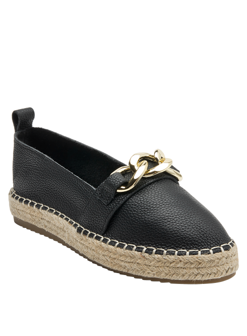 Calzado casual femenino en cuero negro con adorno dorado y suela de yute.