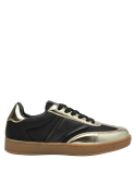 zapatilla negra de mujer con toques dorados, perfecta para estilos casuales y semi-formales