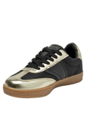 calzado femenino negro con acentos dorados metálicos, ideal para looks casuales y urbanos